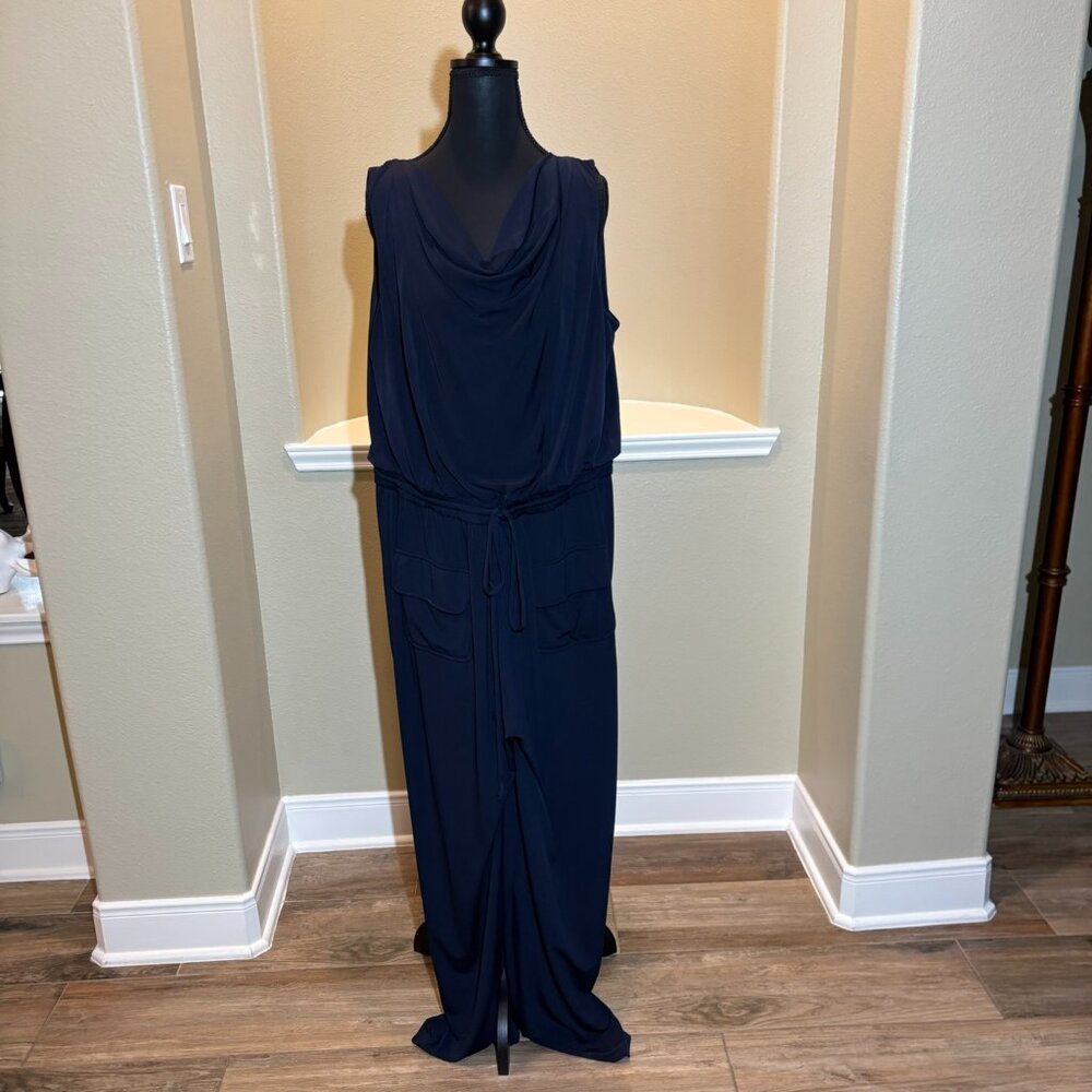 💙Vince Camuto Navy Jumpsuit Size L Draw String Waist Sleeveless Flared legs